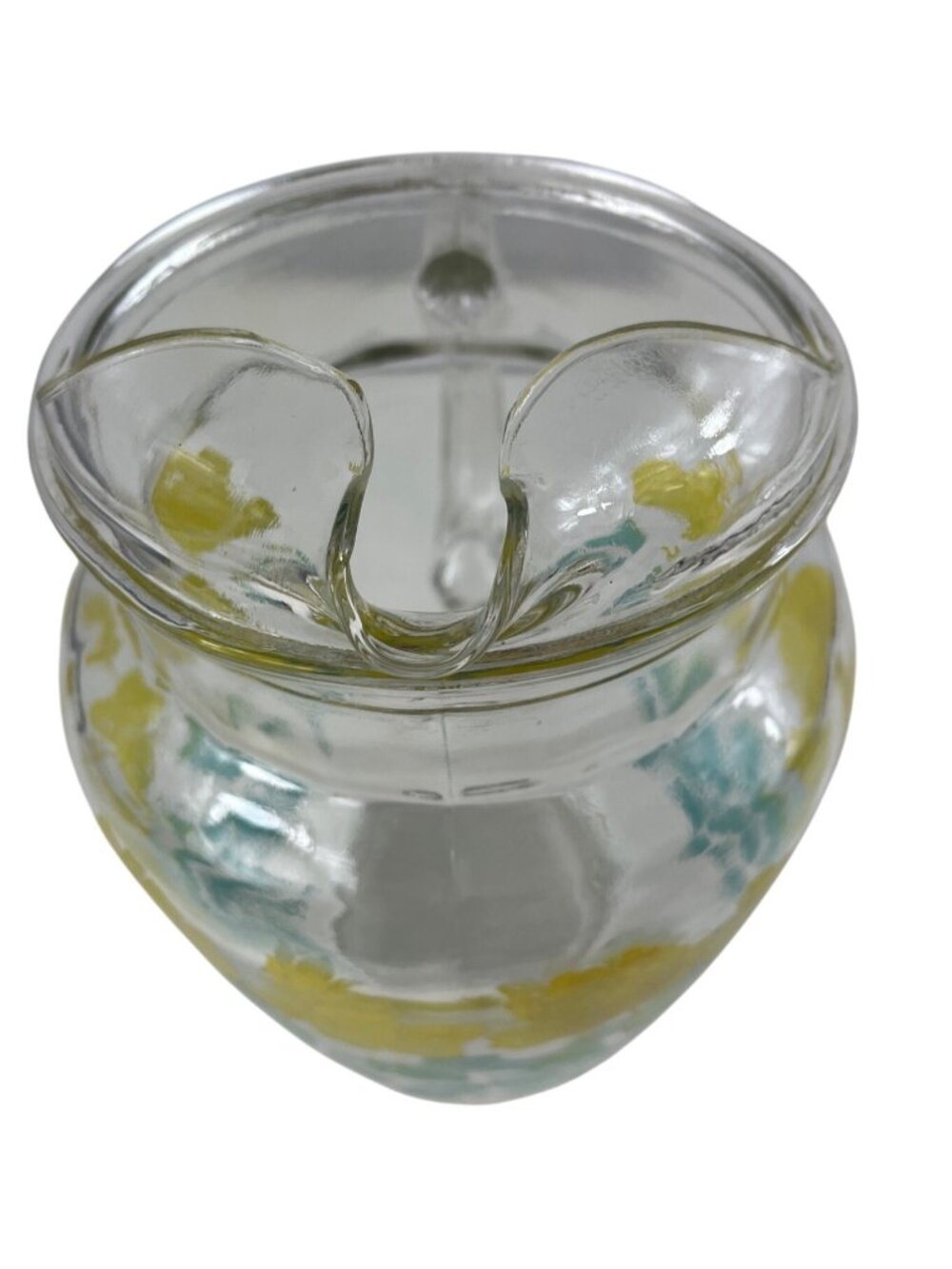 Vintage Federal Glass Pitcher Yellow Flowers Green Leaves Ice Lip Pour Spout - Picture 8 of 12